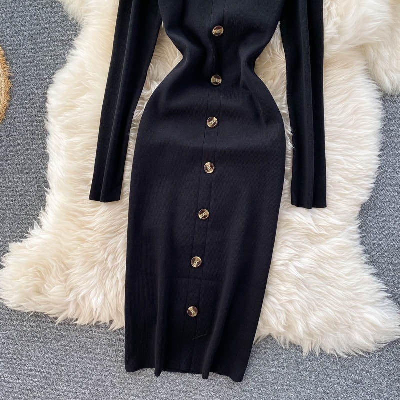 Elegant Long Sleeve Button Elastic Bodycon Sweater Dress