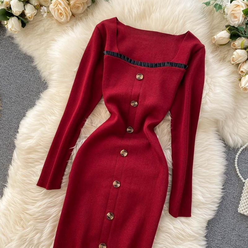 Elegant Long Sleeve Button Elastic Bodycon Sweater Dress