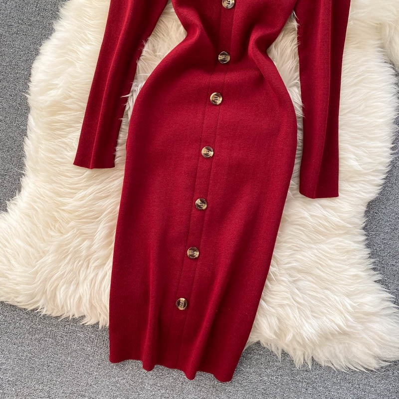 Elegant Long Sleeve Button Elastic Bodycon Sweater Dress