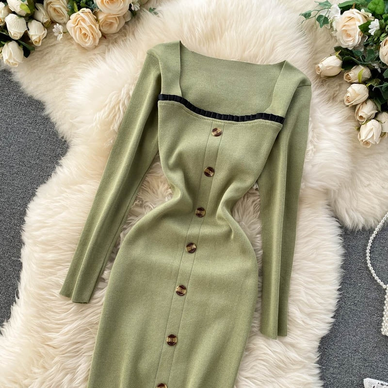 Elegant Long Sleeve Button Elastic Bodycon Sweater Dress