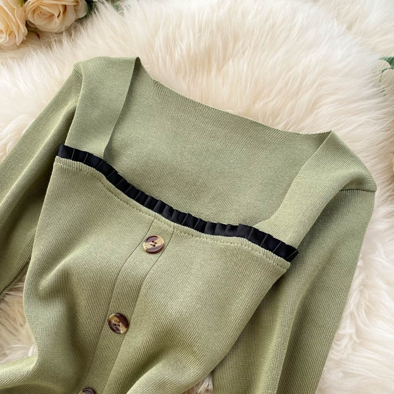 Elegant Long Sleeve Button Elastic Bodycon Sweater Dress