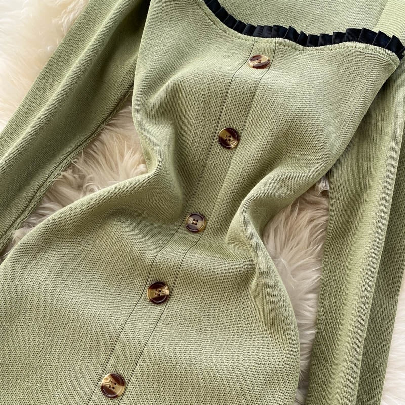 Elegant Long Sleeve Button Elastic Bodycon Sweater Dress