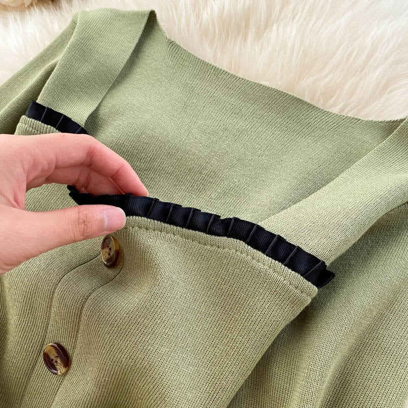 Elegant Long Sleeve Button Elastic Bodycon Sweater Dress