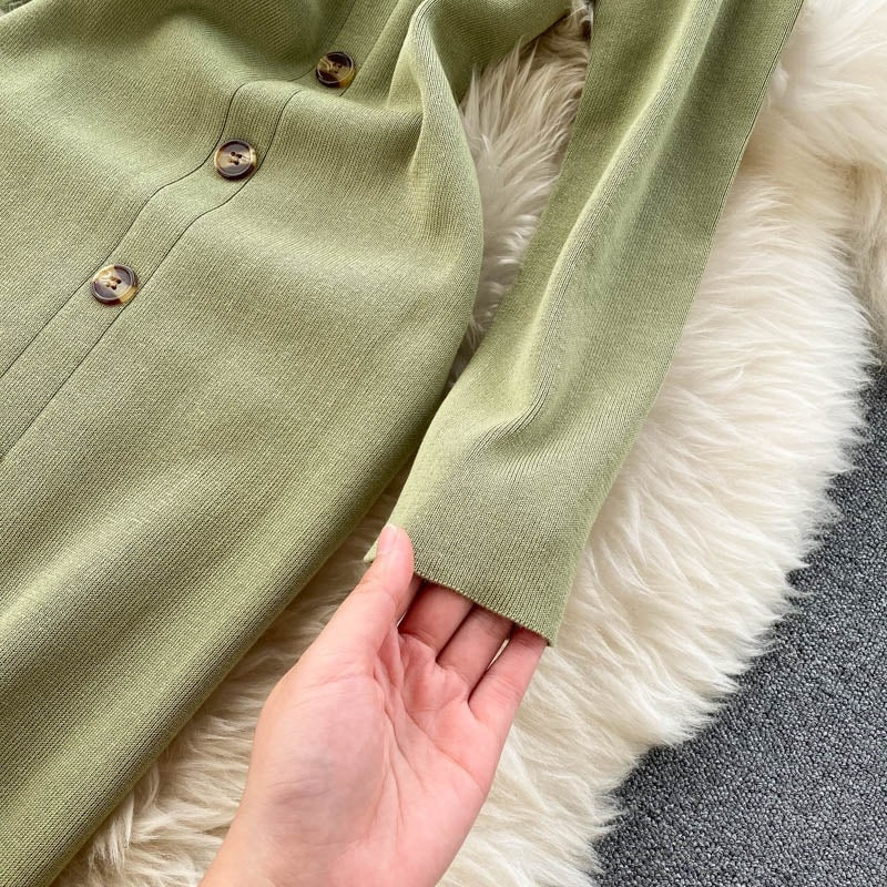 Elegant Long Sleeve Button Elastic Bodycon Sweater Dress