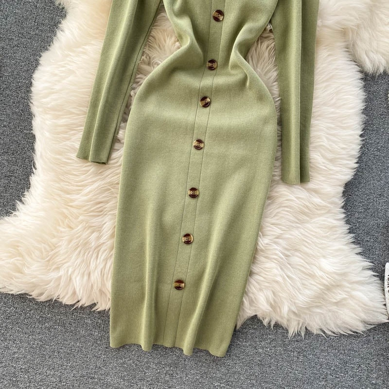 Elegant Long Sleeve Button Elastic Bodycon Sweater Dress