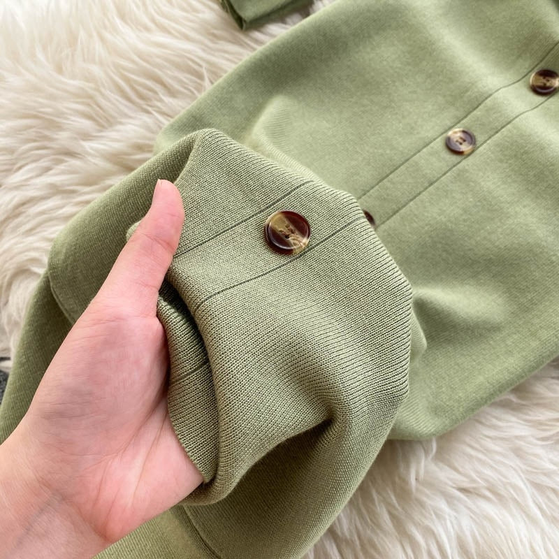 Elegant Long Sleeve Button Elastic Bodycon Sweater Dress