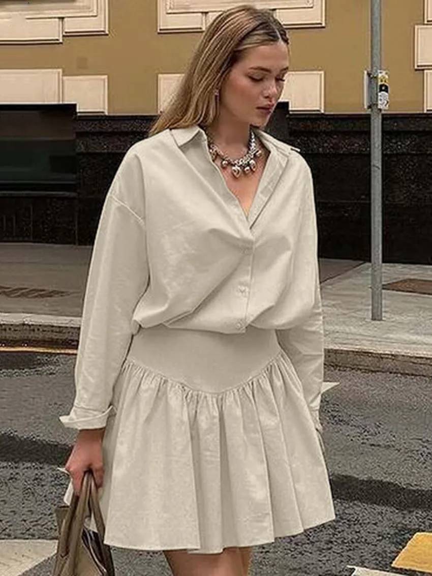 Elegant Long Sleeve Button Shirts High Waist Pleated Mini Skirts Sets