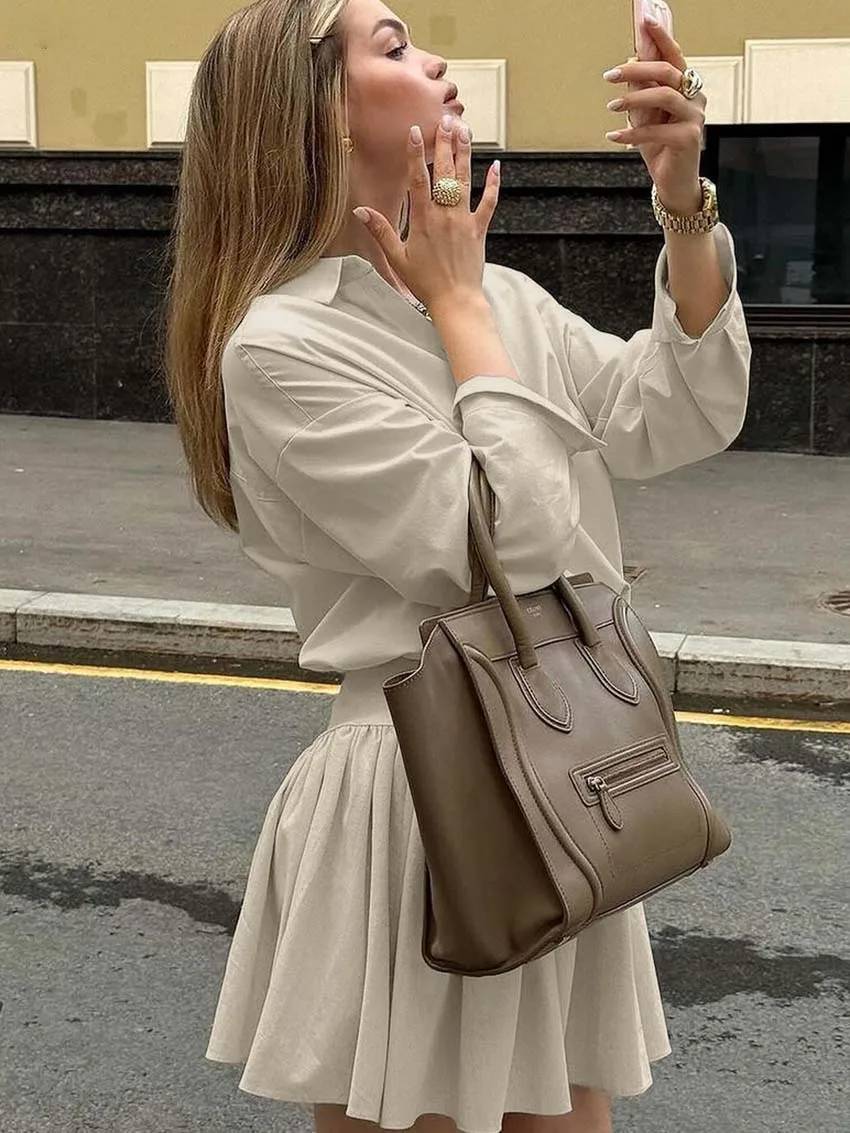 Elegant Long Sleeve Button Shirts High Waist Pleated Mini Skirts Sets