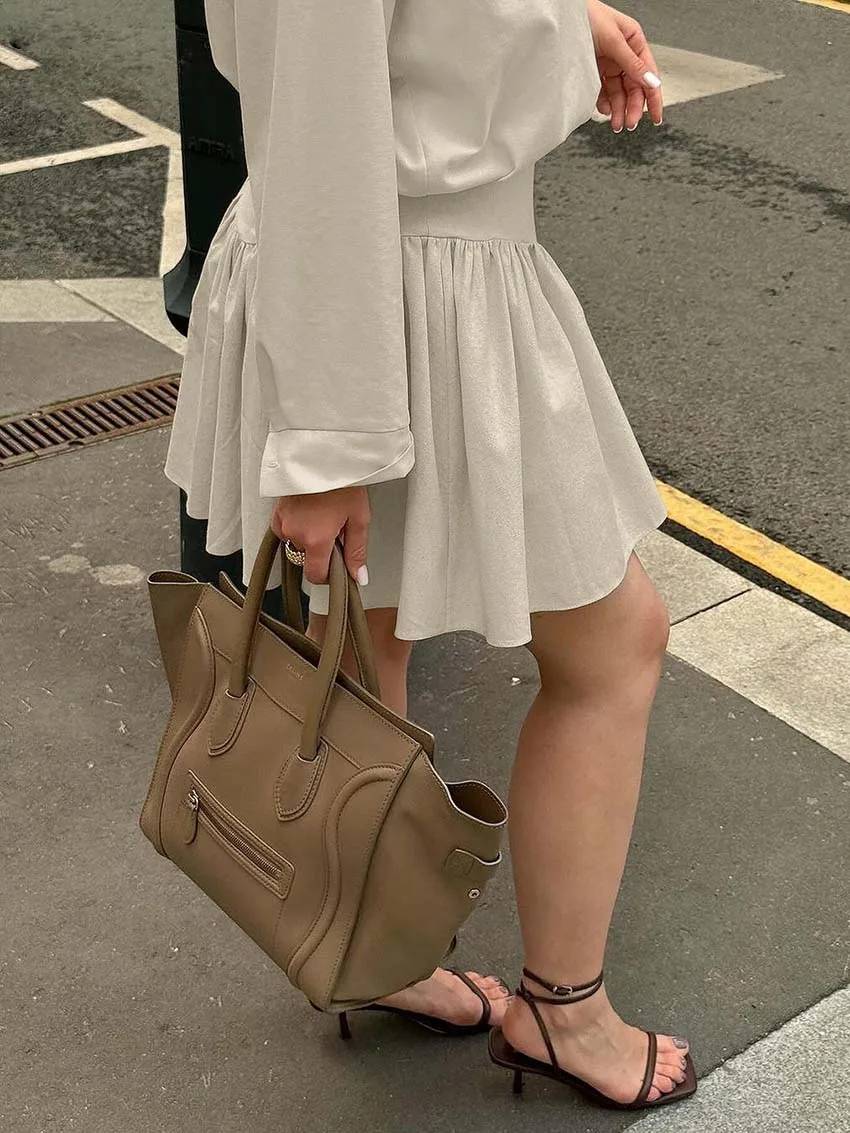 Elegant Long Sleeve Button Shirts High Waist Pleated Mini Skirts Sets