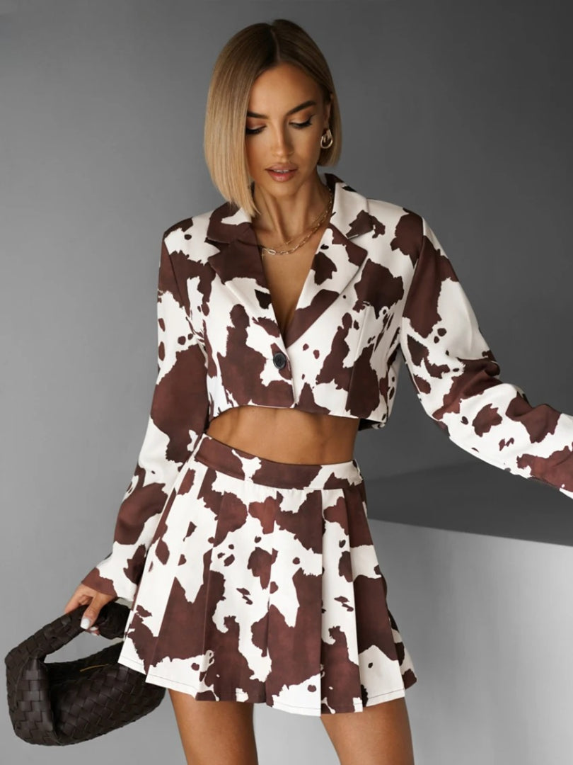 Elegant Long Sleeve Crop Shirt With High Waist Pleated Mini Skirt Set