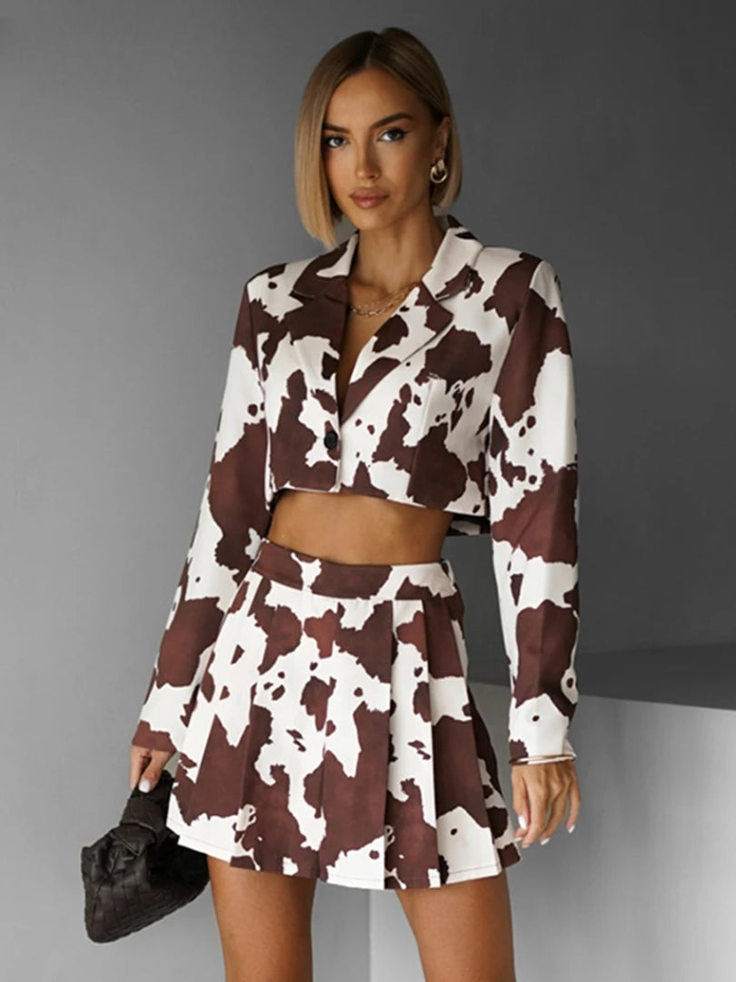 Elegant Long Sleeve Crop Shirt With High Waist Pleated Mini Skirt Set