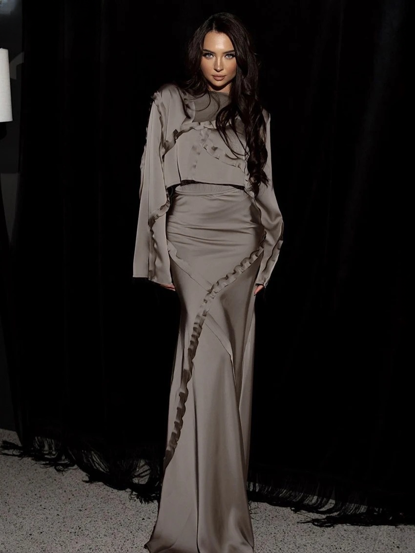 Elegant Long Sleeve Crop Top With High Waist Long Skirt Set