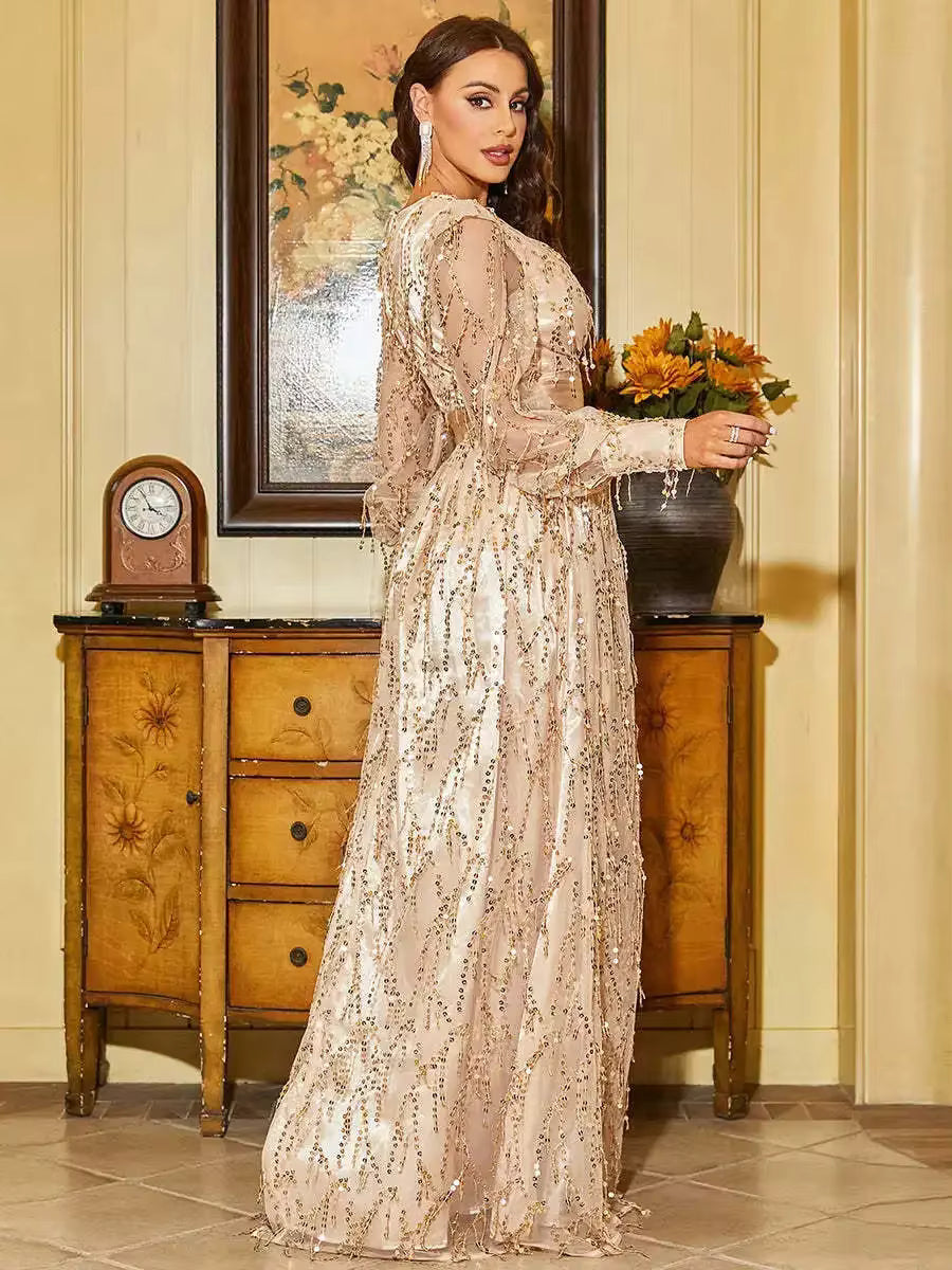 Elegant Long Sleeve Deep V-Neck Two Split Sequin Ankle-Length Maxi Dress