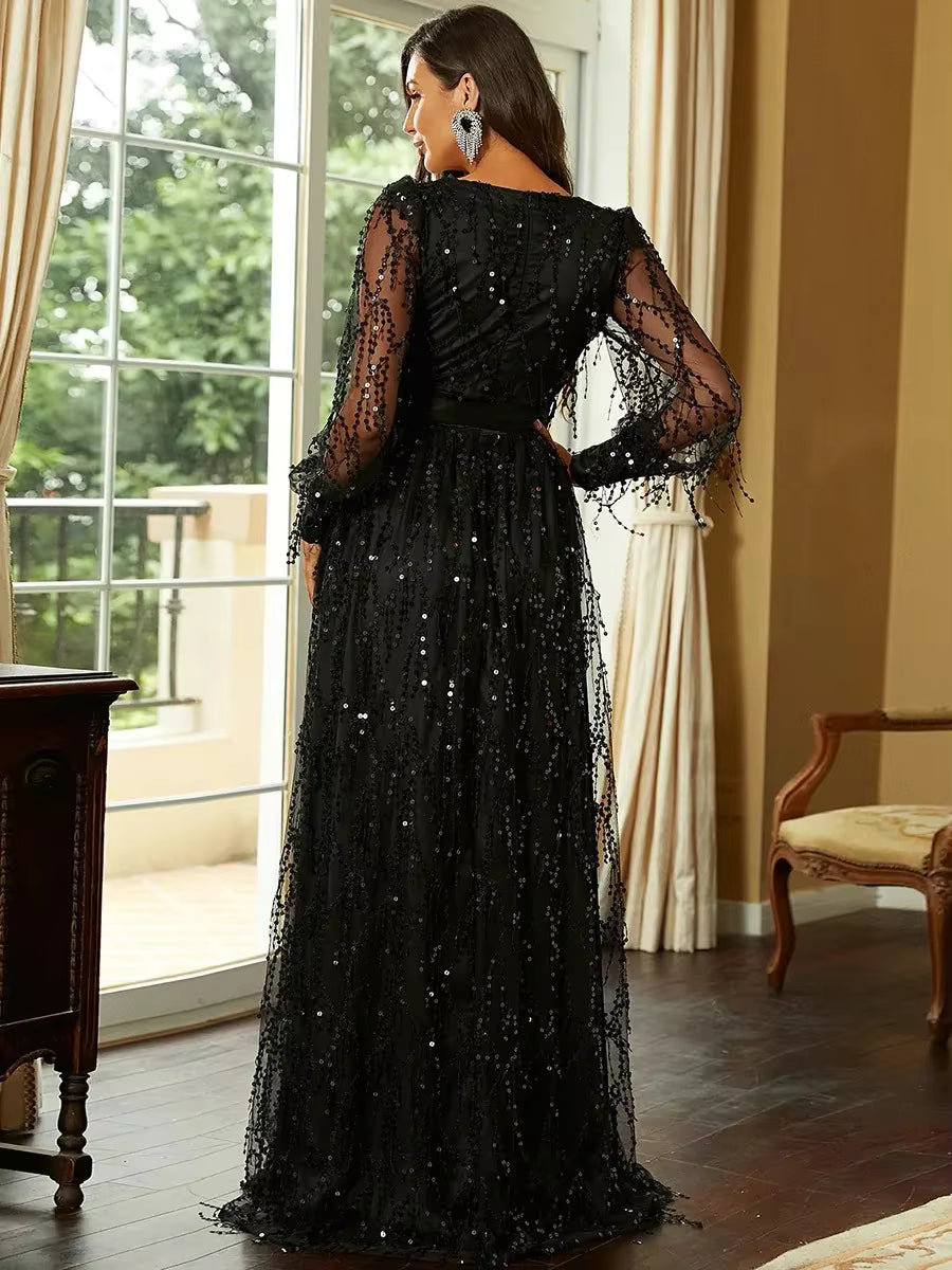 Elegant Long Sleeve Deep V-Neck Two Split Sequin Ankle-Length Maxi Dress