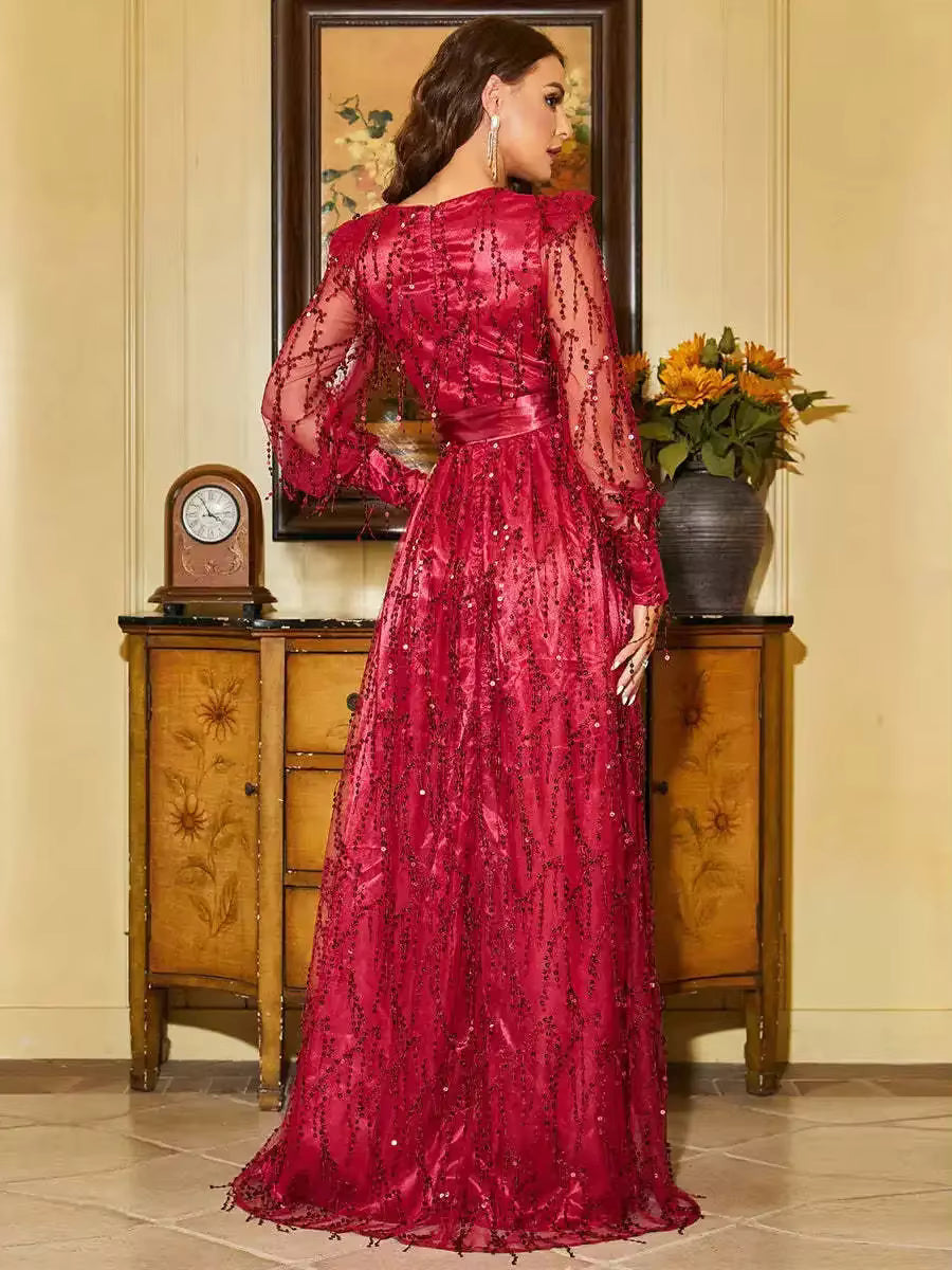 Elegant Long Sleeve Deep V-Neck Two Split Sequin Ankle-Length Maxi Dress
