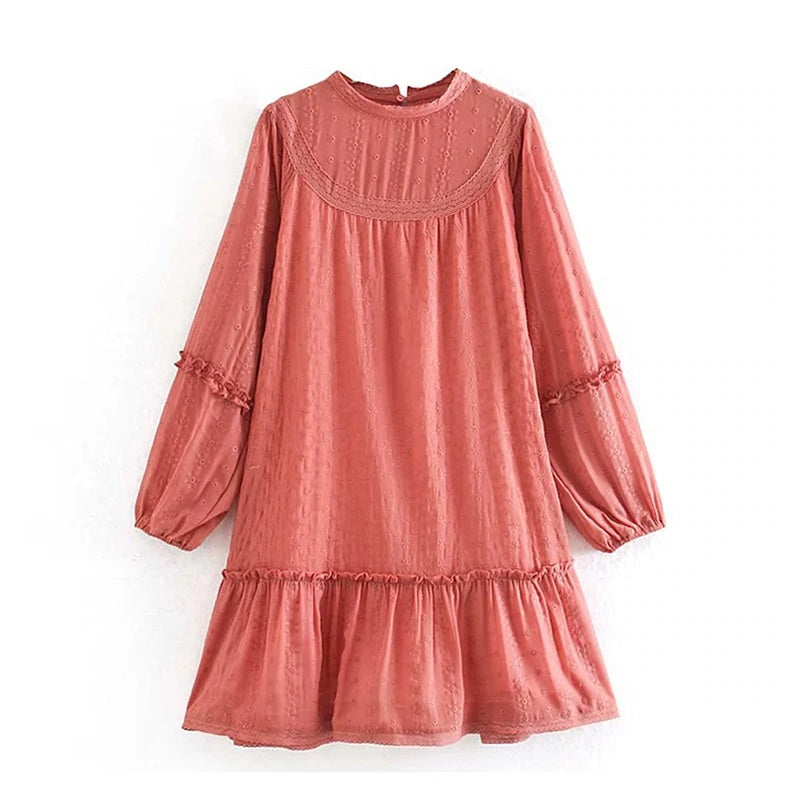 Elegant Long Sleeve Embroidery Ruffle Mini Dress