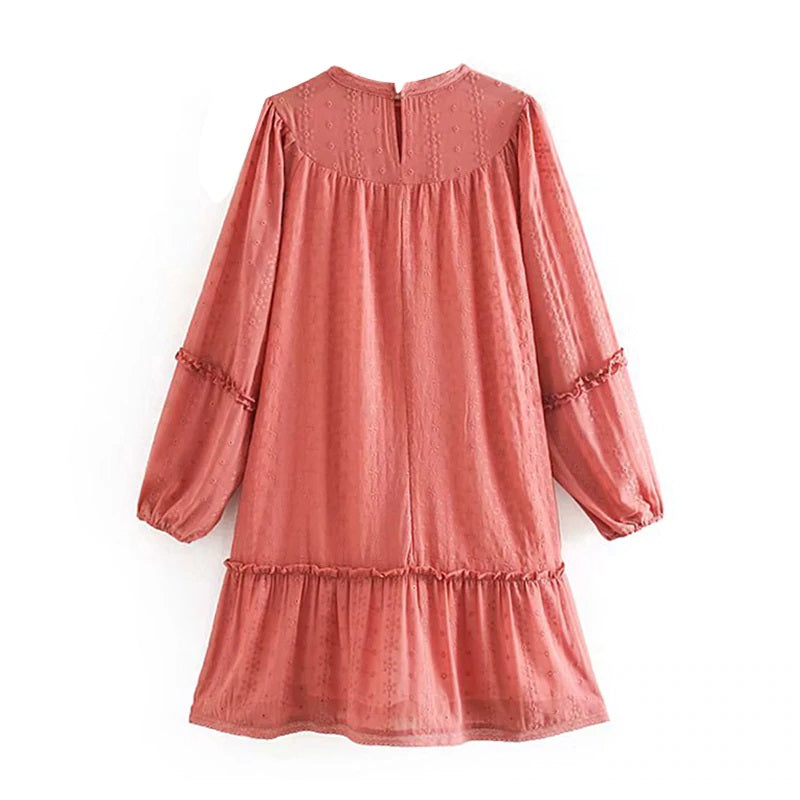 Elegant Long Sleeve Embroidery Ruffle Mini Dress
