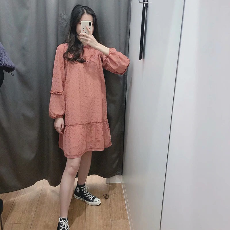 Elegant Long Sleeve Embroidery Ruffle Mini Dress