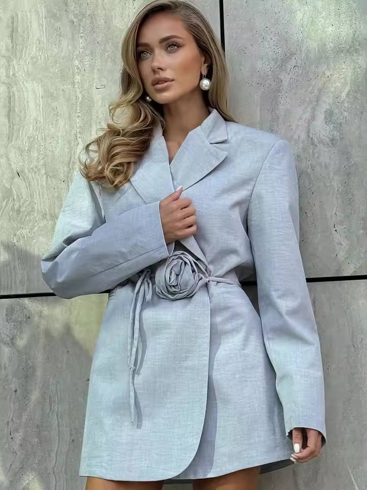Elegant Long Sleeve Lace-Up Bow Blazer Dress Streetwear