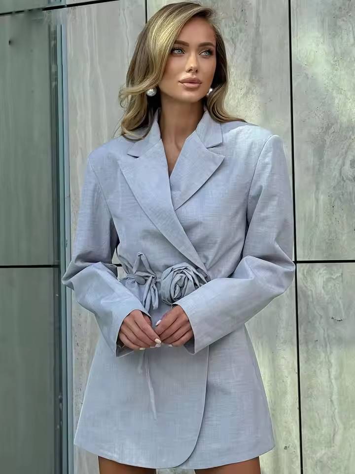 Elegant Long Sleeve Lace-Up Bow Blazer Dress Streetwear