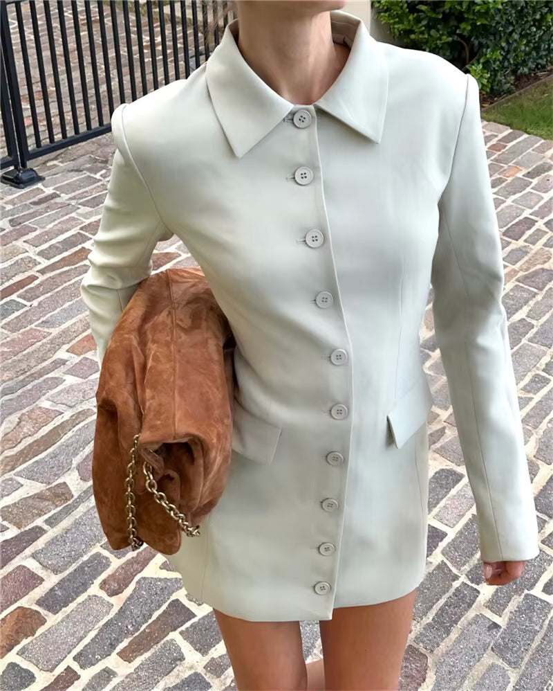 Elegant Long Sleeve Lapel Solid Single-breasted Two Pocket High Waist Blazer Dress