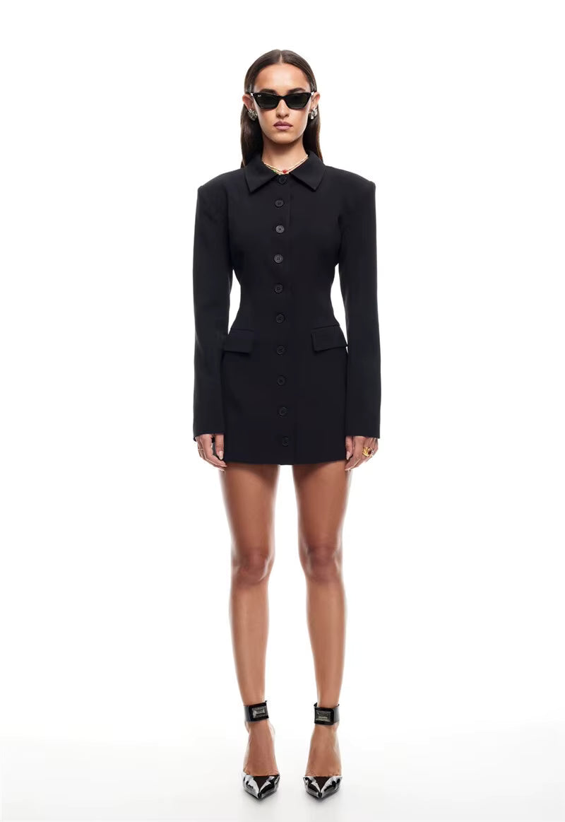 Elegant Long Sleeve Lapel Solid Single-breasted Two Pocket High Waist Blazer Dress