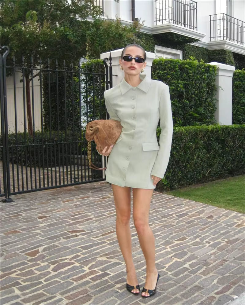Elegant Long Sleeve Lapel Solid Single-breasted Two Pocket High Waist Blazer Dress
