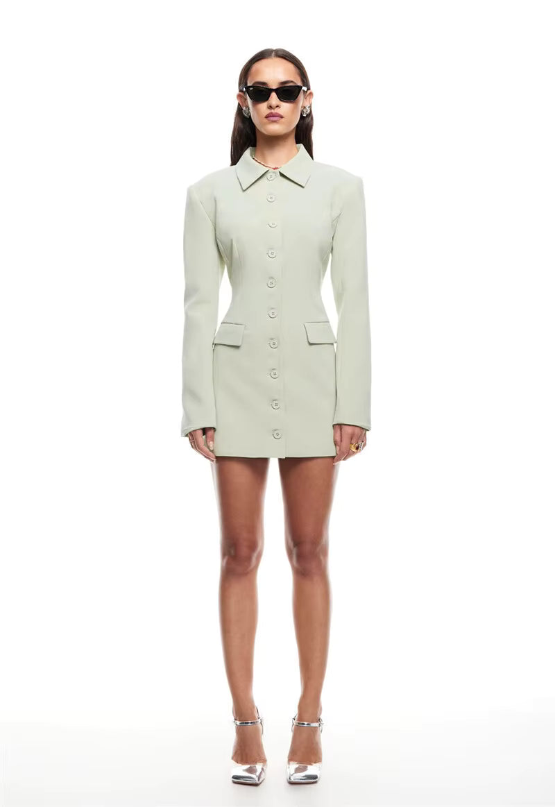 Elegant Long Sleeve Lapel Solid Single-breasted Two Pocket High Waist Blazer Dress
