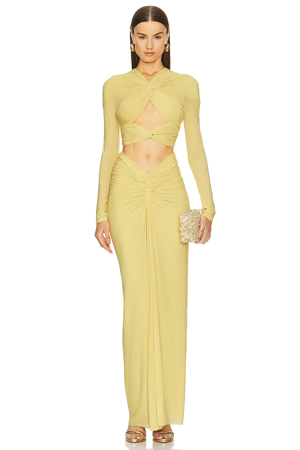 Elegant Long Sleeve Mesh Bodycon Nightclub Ankle-Length Maxi Dress