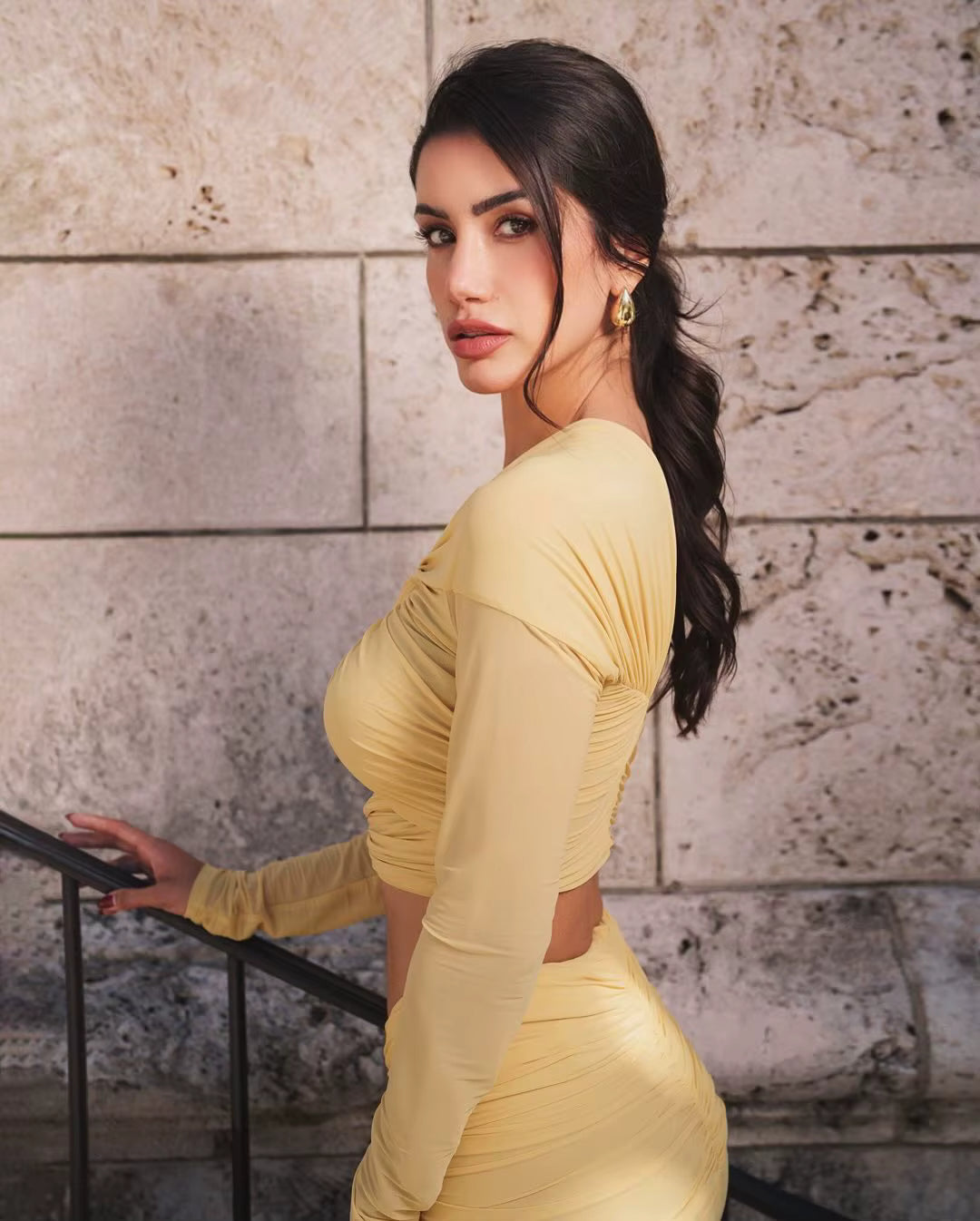 Elegant Long Sleeve Mesh Bodycon Nightclub Ankle-Length Maxi Dress