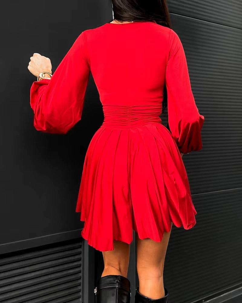 Elegant Long Sleeve Neck Ruched A Line Flowy Mini Dress