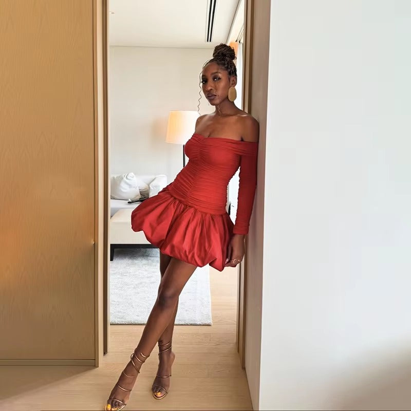 Elegant Long Sleeve Off Shoulder Bubble Mini Dress