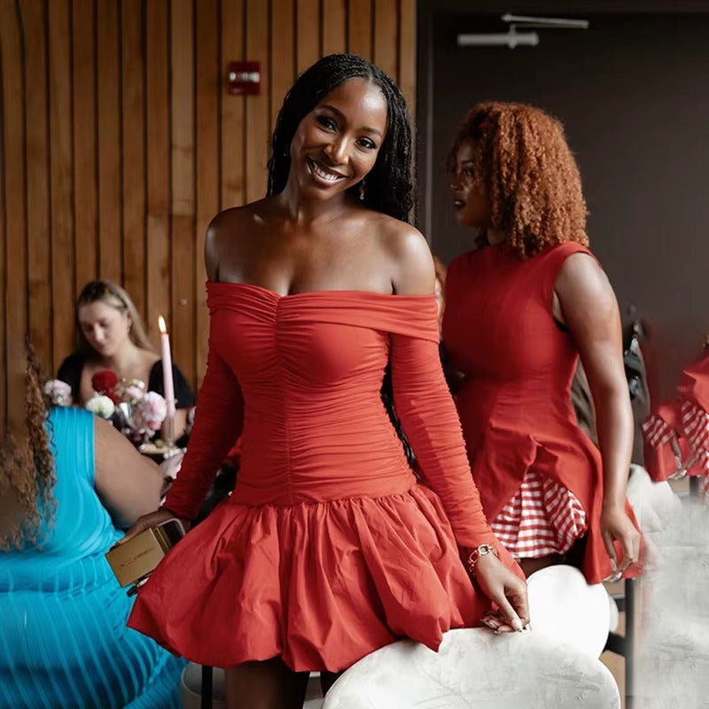 Elegant Long Sleeve Off Shoulder Bubble Mini Dress