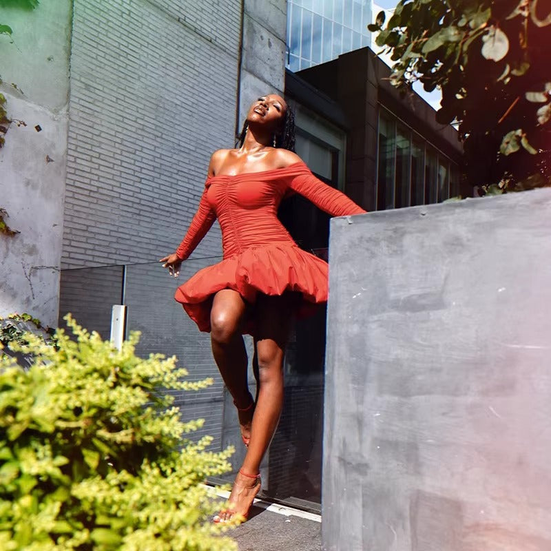 Elegant Long Sleeve Off Shoulder Bubble Mini Dress