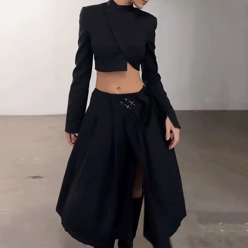 Elegant Long Sleeve Round Neck Irregular Top Loose Slit Midi Skirt Two Piece Set