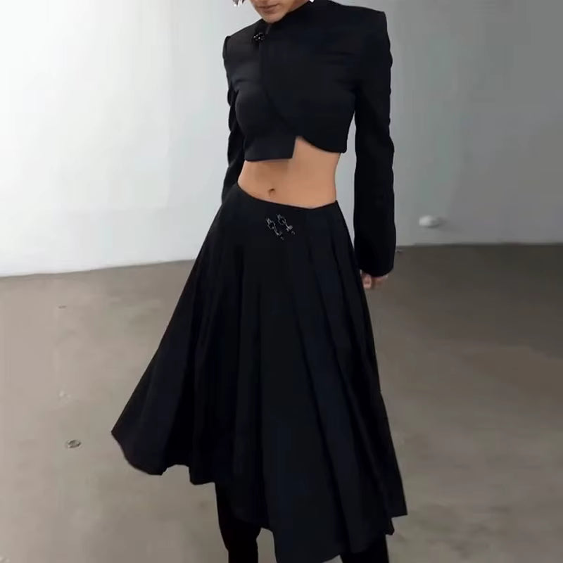 Elegant Long Sleeve Round Neck Irregular Top Loose Slit Midi Skirt Two Piece Set