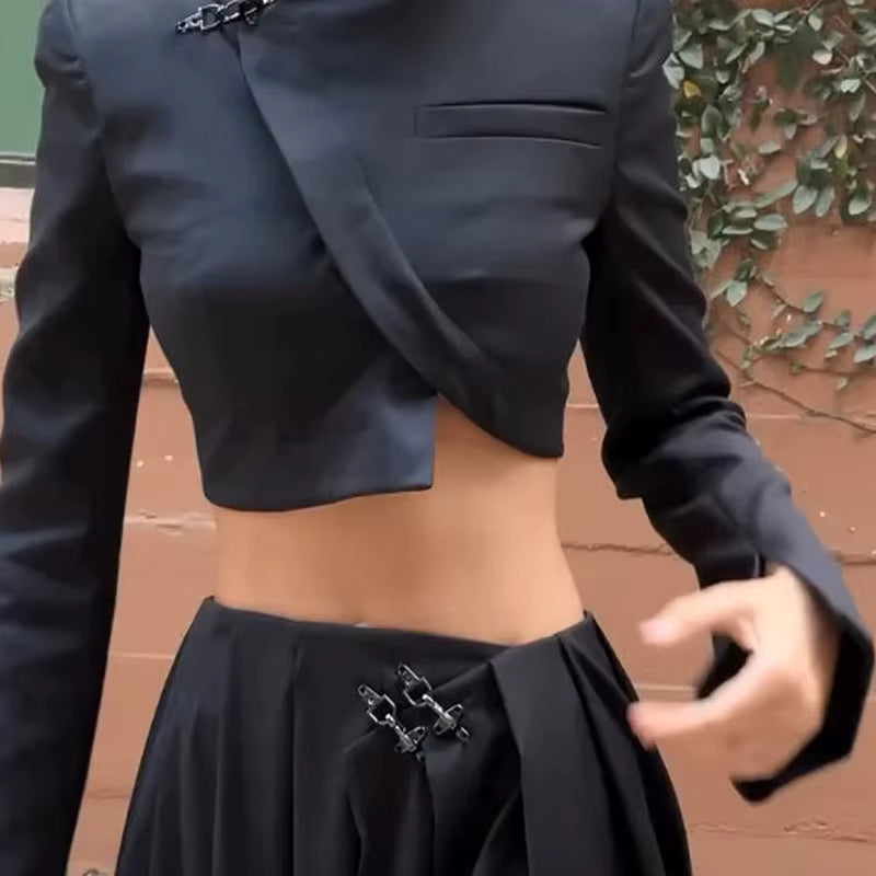 Elegant Long Sleeve Round Neck Irregular Top Loose Slit Midi Skirt Two Piece Set