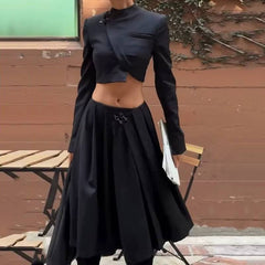 Elegant Long Sleeve Round Neck Irregular Top Loose Slit Midi Skirt Two Piece Set