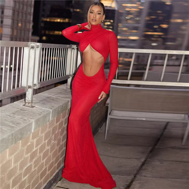 Elegant Long Sleeve Ruched Backless Cut Out Maxi Dress