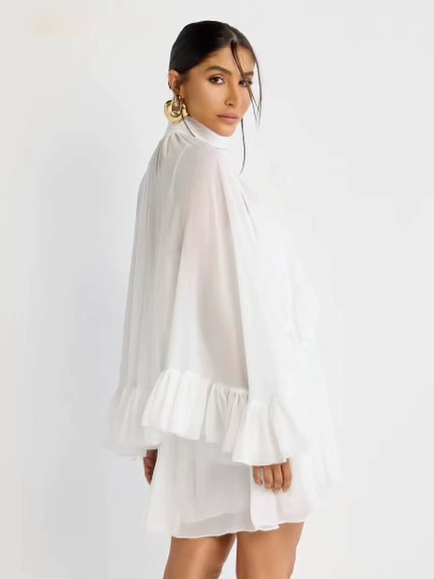 Elegant Long Sleeve Ruffle Strap Sleeveless Dress Loose 2 Piece Sets