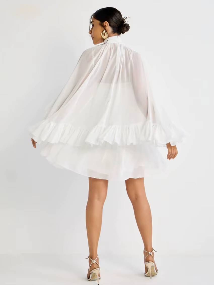 Elegant Long Sleeve Ruffle Strap Sleeveless Dress Loose 2 Piece Sets
