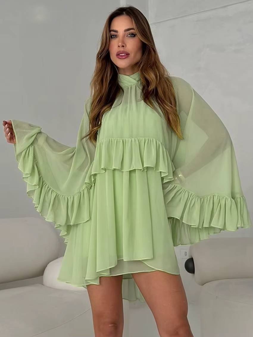 Elegant Long Sleeve Ruffle Strap Sleeveless Dress Loose 2 Piece Sets