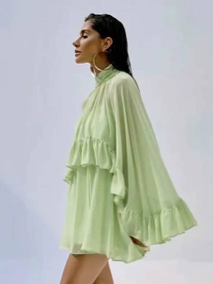 Elegant Long Sleeve Ruffle Strap Sleeveless Dress Loose 2 Piece Sets