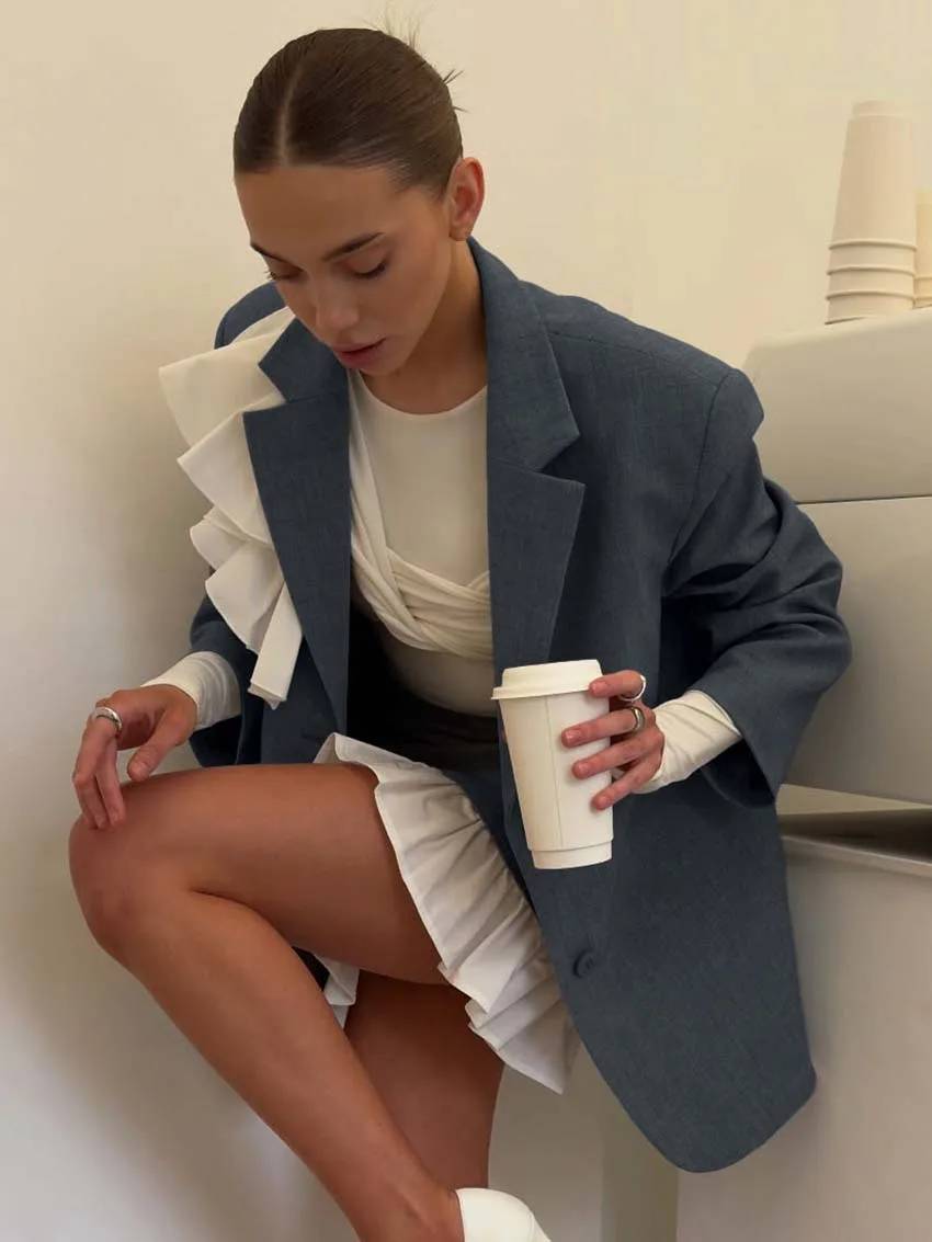 Elegant Long Sleeve Ruffled Button Blazers High Waist Mini Skirts Sets