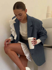 Elegant Long Sleeve Ruffled Button Blazers High Waist Mini Skirts Sets