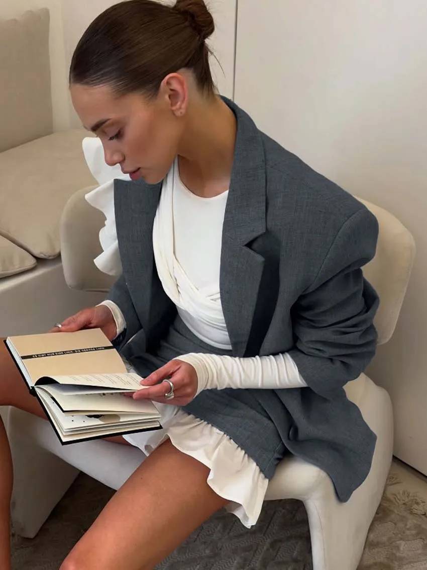 Elegant Long Sleeve Ruffled Button Blazers High Waist Mini Skirts Sets