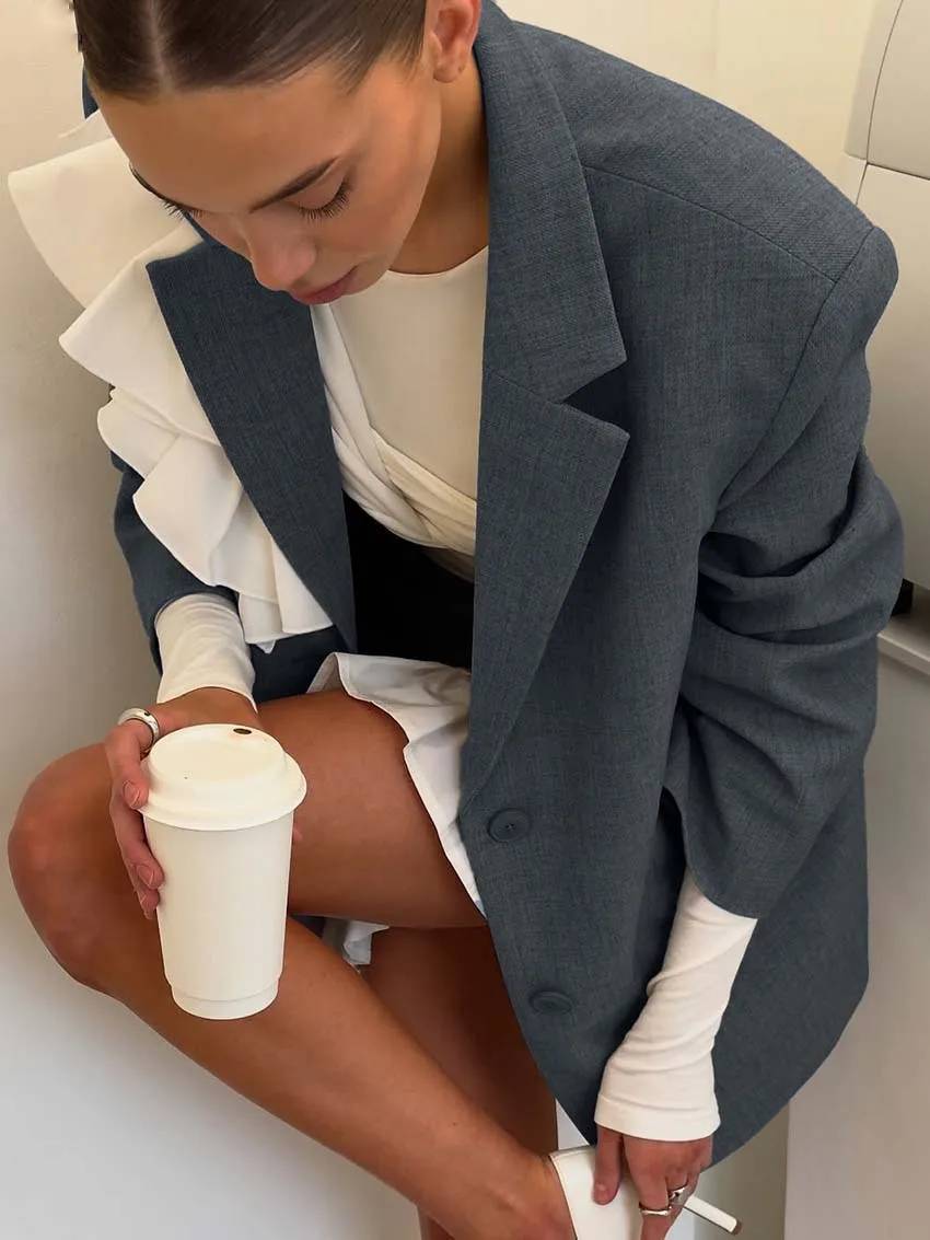 Elegant Long Sleeve Ruffled Button Blazers High Waist Mini Skirts Sets