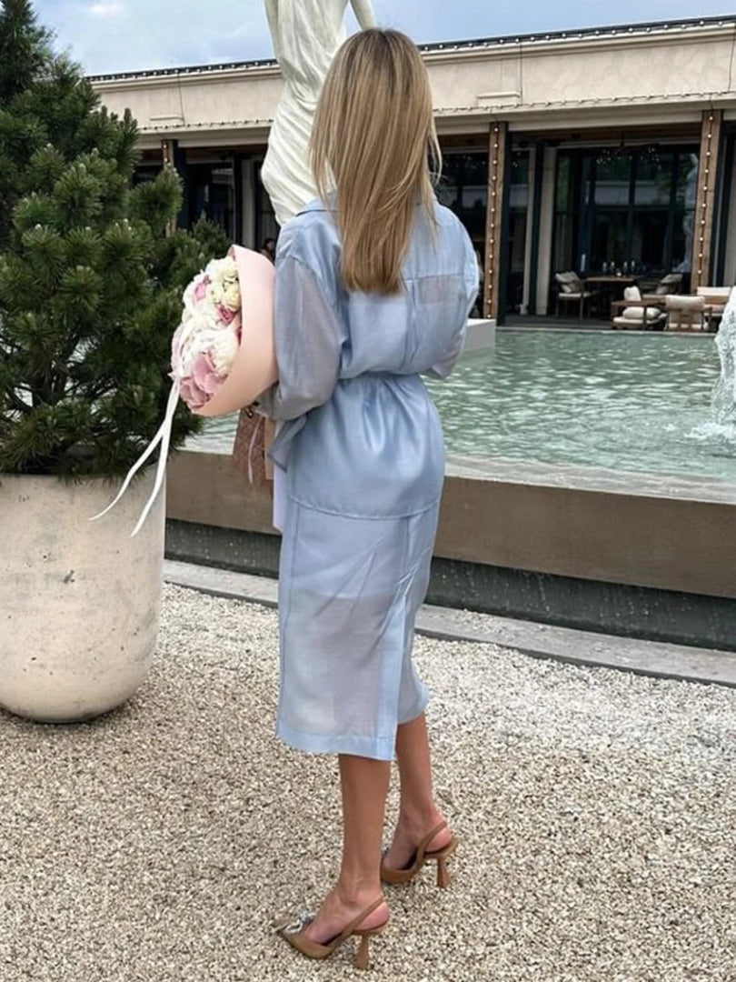 Elegant Long Sleeve Shirt With High Waist Midi Slit Skirt Two Piece Set