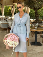 Elegant Long Sleeve Shirt With High Waist Midi Slit Skirt Two Piece Set