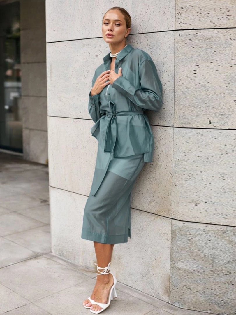 Elegant Long Sleeve Shirt With High Waist Midi Slit Skirt Two Piece Set
